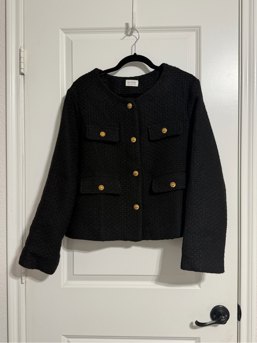 Black Bouclé Button-Front Jacket with Gold Accents